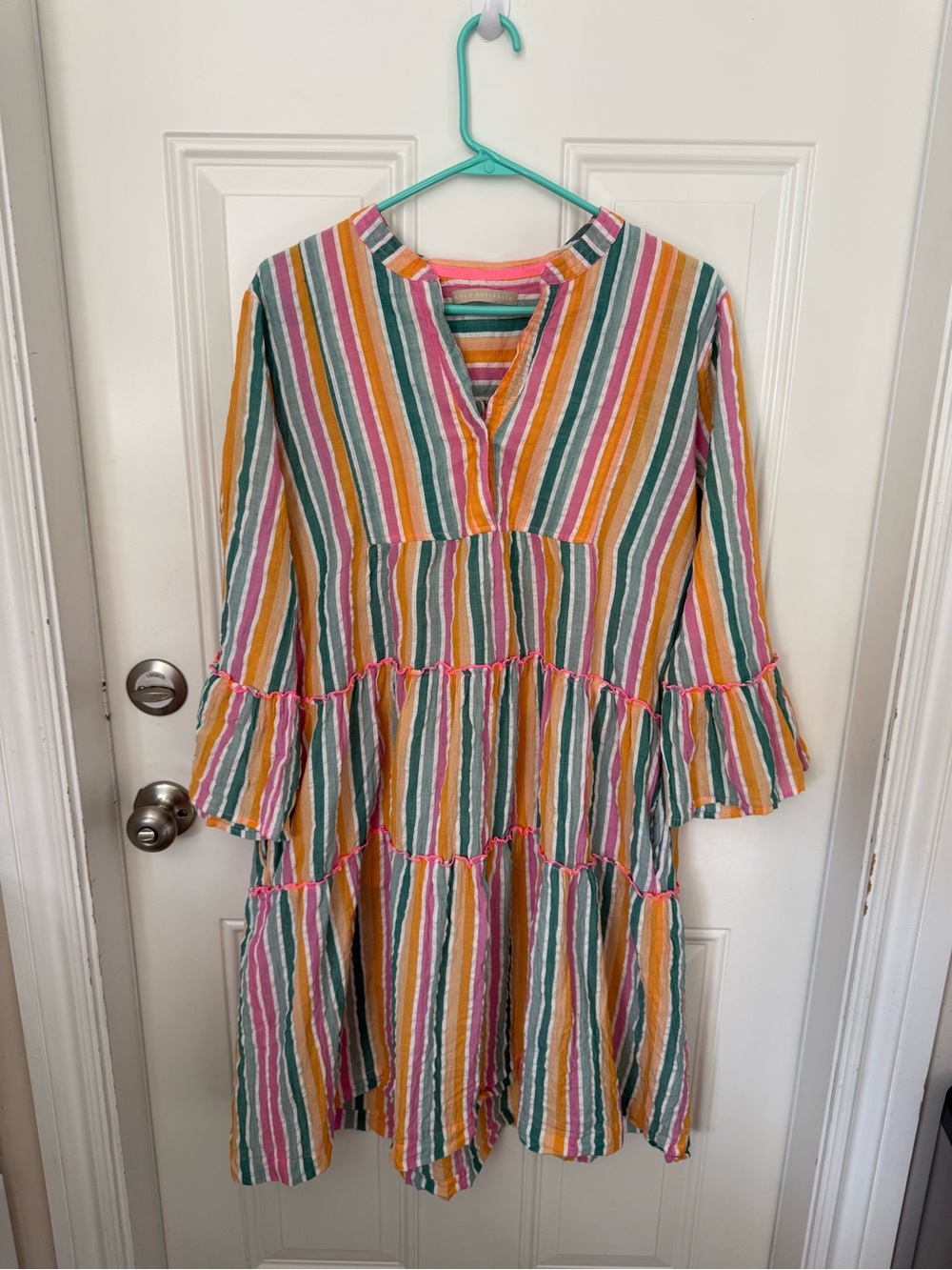 Lola Australia Striped Tiered Midi Dress with bell sleeves.